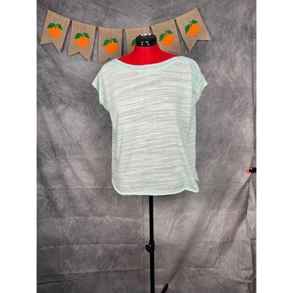 Rose & Olive Blouse XL Green White Stripe Crochet Trim Short Sleeve New